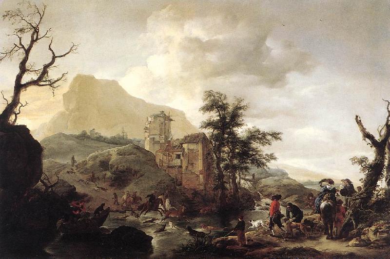 WOUWERMAN, Philips Stag Hunt in a River iut7 France oil painting art